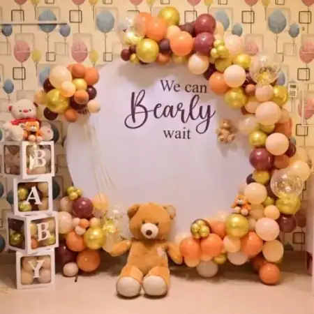 Baby boy pastel blue cloud balloon arch welcome setup at home, Gurugram