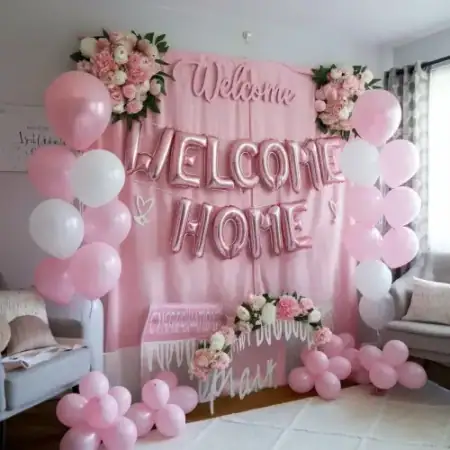 Baby shower and welcome home pastel balloon garland with props, Gurugram