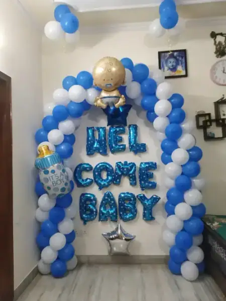Baby shower balloon ring arch decoration with Oh Baby neon sign, Gurugram