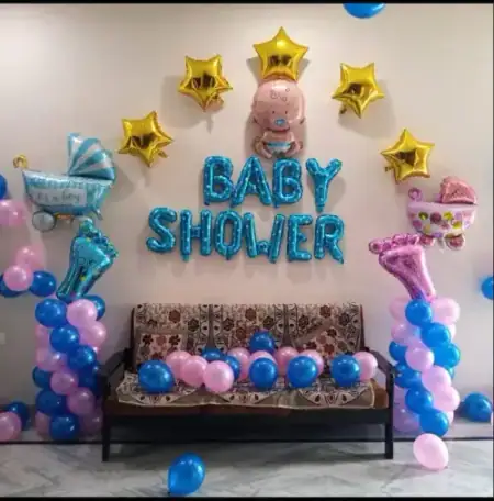 Simple baby shower balloon decoration setup at home, Gurugram