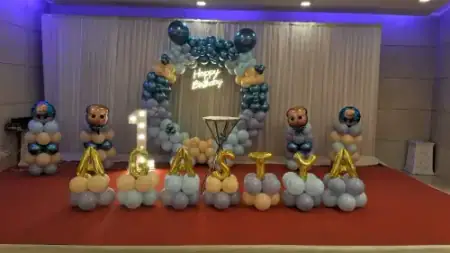 Terrace birthday balloon arch and fairy light setup, Gurugram
