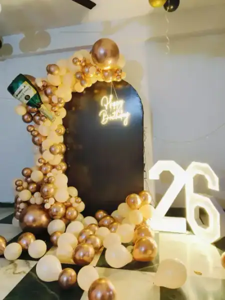 Simple home birthday balloon decoration setup, Gurugram