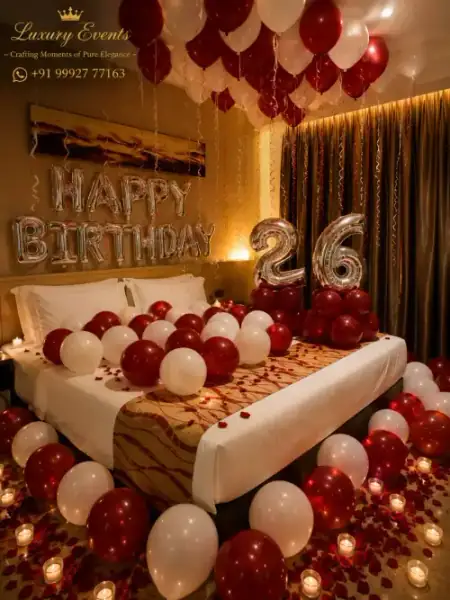 Luxury hotel room birthday surprise balloon setup, Gurugram