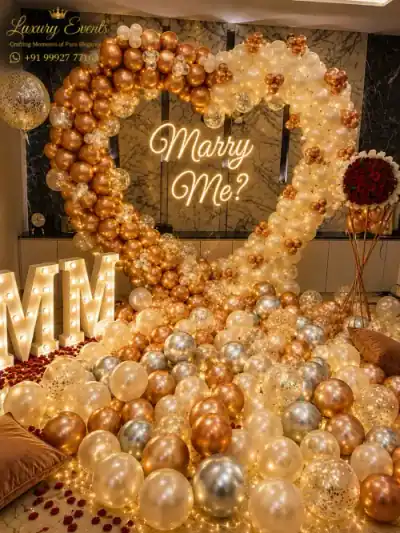 Marry Me romantic proposal setup with LED letters, Gurugram