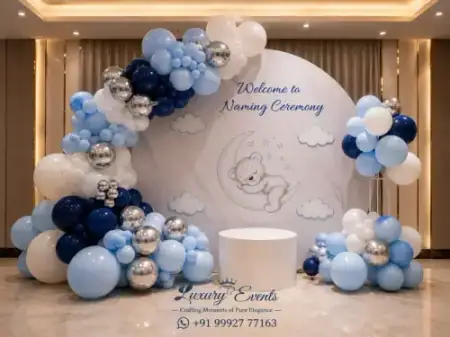 Baby naming ceremony cradle balloon decoration setup, Gurugram