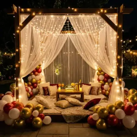 Luxury anniversary room decoration with chrome balloons, Gurugram