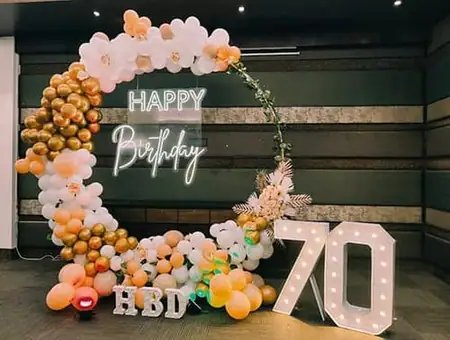 Birthday balloon ring arch and neon sign setup, Gurugram