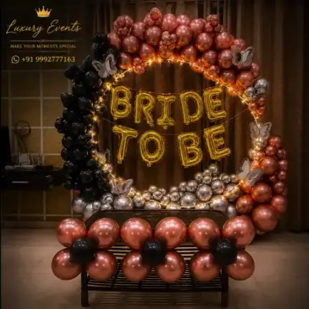 Bride to be neon sign and pastel balloon setup, Gurugram