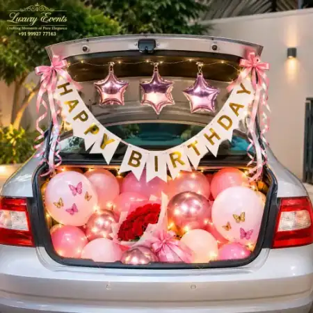 Car boot surprise decoration in DLF Phase 1 Gurugram, birthday trunk lights