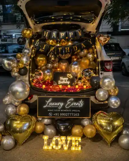 Trunk surprise birthday decoration with balloons, Gurugram