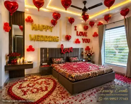 Professional romantic bedroom balloon canopy setup, Gurugram