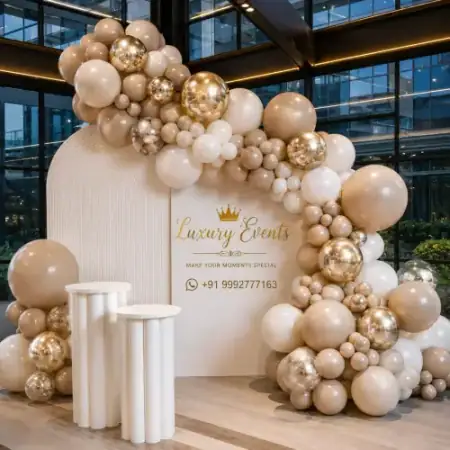 Engagement ring ceremony backdrop with chrome balloons, Gurugram