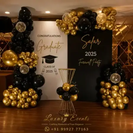 Office farewell executive gold and black balloon arch, Gurugram