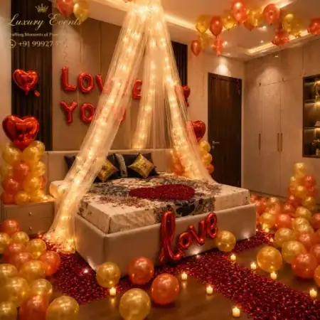 Valentine romantic room decoration with heart balloons, Gurugram