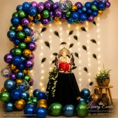 Ganesh Chaturthi festive balloon backdrop setup, Gurugram
