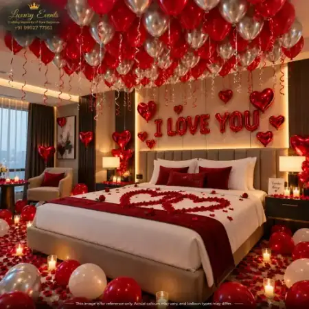 Romantic rose petal and candlelit canopy hotel room decoration in DLF Phase 1 Gurugram by Luxury Events