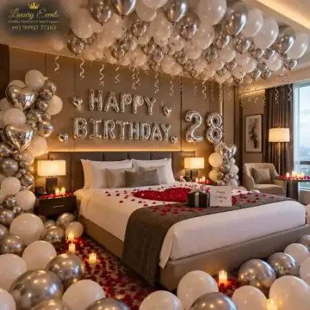 Romantic bed canopy hotel room decoration with rose petals and fairy lights in Sector 9A Gurugram by Luxury Events