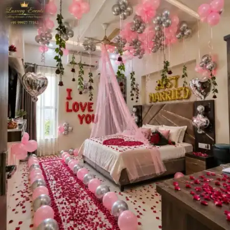 Pink, silver, and red romantic bed canopy hotel room decoration on Sohna Road Gurugram by Luxury Events