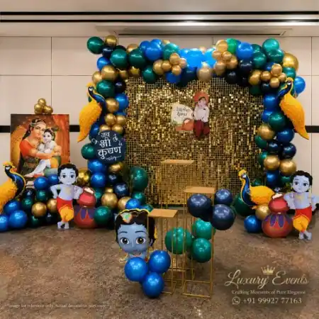 Janmashtami celebration peacock theme balloon decor, Gurugram
