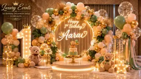 Magical first birthday pastel balloon setup, Gurugram
