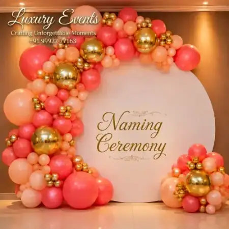 Naamkaran ceremony baby cradle balloon setup, Gurugram