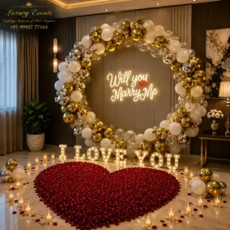 Luxury proposal balloon decoration setup in DLF Phase 3 Gurugram