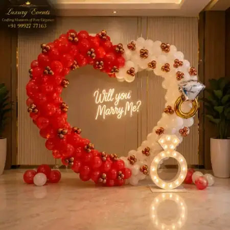 Dual heart arch marry me proposal decoration in DLF Phase 5 Gurugram