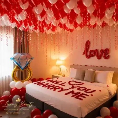 Candlelight proposal setup with red heart balloons, Gurugram