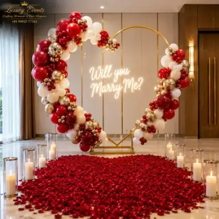 Romantic marriage proposal decoration in Sohna Road Gurugram with neon sign and candle pathway