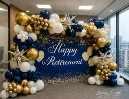 Retirement party executive gold balloon arch setup, Gurugram