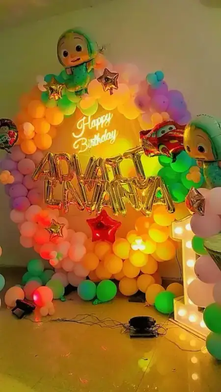 Cocomelon theme kids birthday decoration with neon name, Gurugram